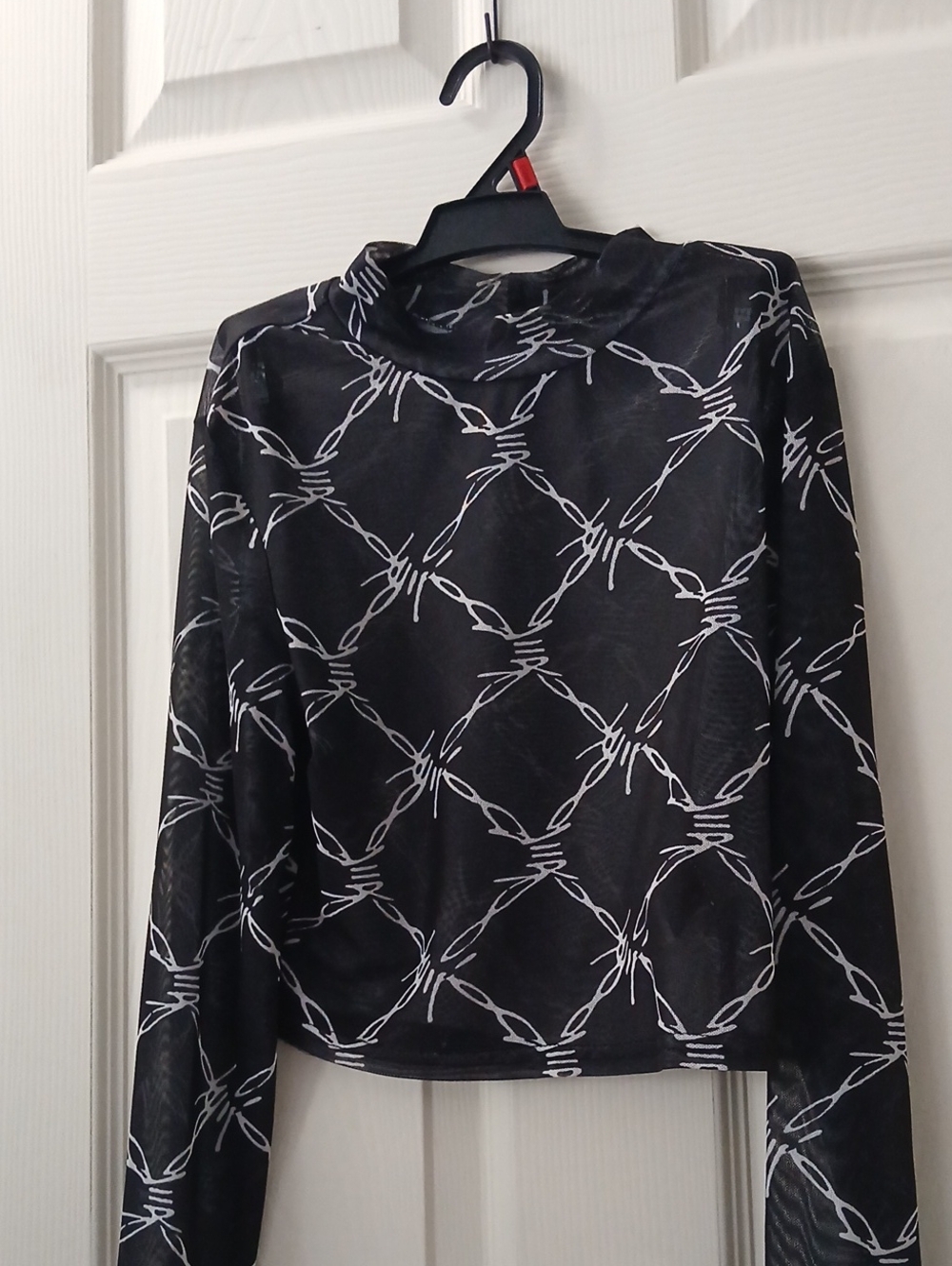 Zara Black Mesh Long Sleeve Top with White Barbed Wire Print
